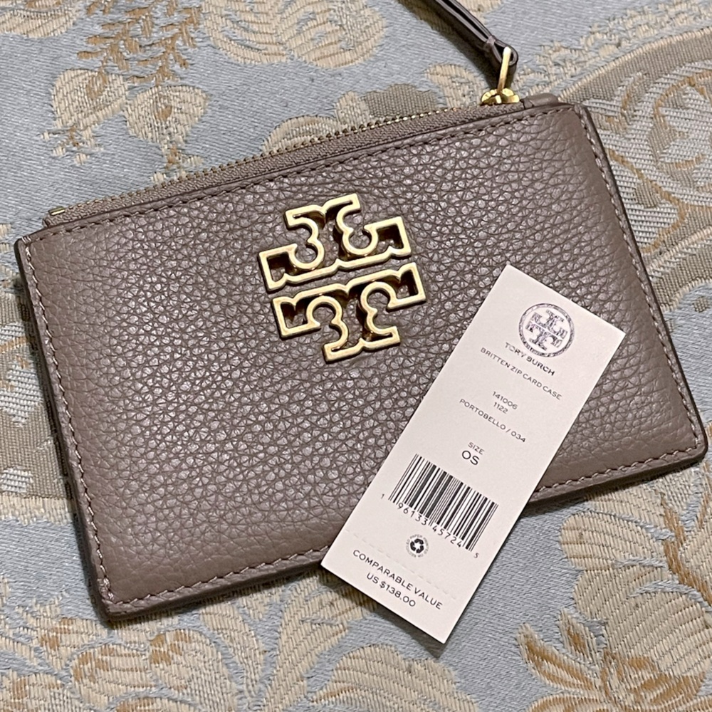 Tory Burch Britten Leather Zip Card Case Card Holder Wallet Portobello